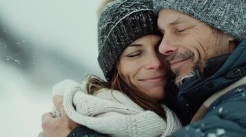 Couple Embracing in Snowy Mountain Landscape During Winter photo