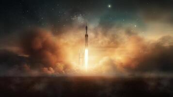 Rocket Launching Into Space Through Nebulous Clouds Near Stars photo