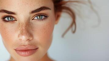 Close-Up of Model With Freckles and Blue Eyes Against Neutral Background photo