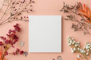 Floral Arrangement With Blank Canvas On Table Surrounded By Dried Flowers photo