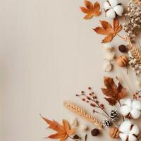 Autumn Leaves and Cotton Branches Arranged on Beige Background for Seasonal Decor photo