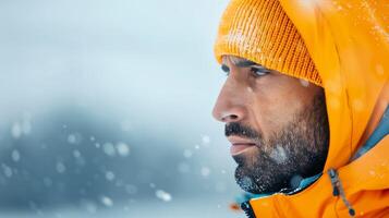 Man Wearing Yellow Jacket and Beanie in Snowy Forest During Winter photo