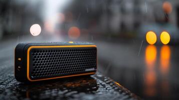 Compact Portable Bluetooth Speaker in a Cozy Indoor Setting During Evening photo