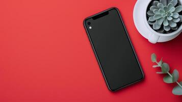 Red Smartphone Against Gradient Background in Soft Lighting photo