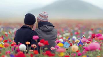 Couple Enjoying Colorful Flower Field Amidst Mountains on a Clear Day photo