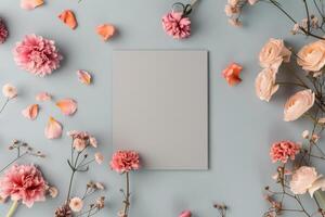 Floral Arrangement With Blank Paper Surrounded By Colorful Petals photo