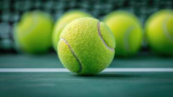 Close-Up of Green Tennis Balls on Court Surface With Bokeh Background photo