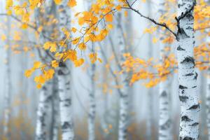 Autumn Leaves on Birch Trees in a Misty Forest photo