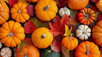Colorful Fall Pumpkins and Leaves Displayed Together on a Dark Surface photo