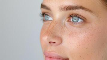 Close-Up of Model With Freckles and Blue Eyes Against Neutral Background photo