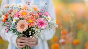 Woman Holding Colorful Flower Bouquet Against Soft Pink Background photo