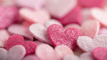 Colorful Sugar Hearts Spread Across a Surface With Soft Focus Background photo