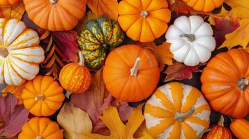 Colorful Fall Pumpkins and Leaves Displayed Together on a Dark Surface photo