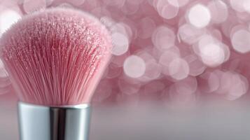 Close-Up of Pink Makeup Brush Against Soft Pink Background photo