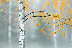 Autumn Leaves on Birch Trees in a Misty Forest photo