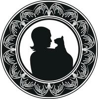 Girl with cat in a floral frame vector