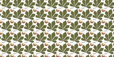Autumn chestnut leaves and Nuts seamless pattern for fabric, wallpaper and wrapping paper. Flat or Cartoon Botany Illustration with Elements Isolated on White background for Textile vector
