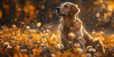 Golden Retriever Running Through Leaves in Park photo