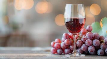 Elegant Red Wine Glass Beside Fresh Grapes in Cozy Setting photo