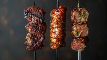 Row of Skewered Steaks on Black Surface photo