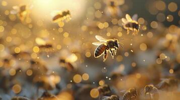 Honeybee Collecting Nectar at Sunset in a Flowering Field photo