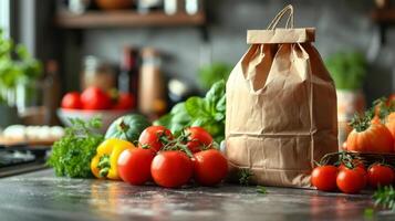Bag of Tomatoes and Lettuce on Table photo
