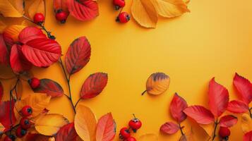 Autumn Leaves and Berries on Yellow Background photo