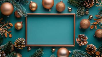 Christmas Ornaments Frame on Blue Background photo