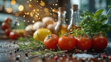 Fresh Tomatoes, Herbs, and Spices on Wooden Tabletop With Bokeh Lights photo