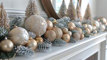 Mantel Decorated With Gold and Silver Ornaments photo