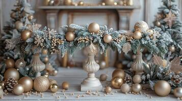 Mantel Decorated With Gold and Silver Ornaments photo