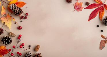 Autumnal Flatlay With Leaves and Pinecones photo