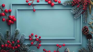 Christmas Ornaments Frame on Blue Background photo