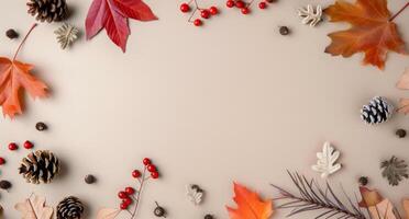 Autumnal Flatlay With Leaves and Pinecones photo