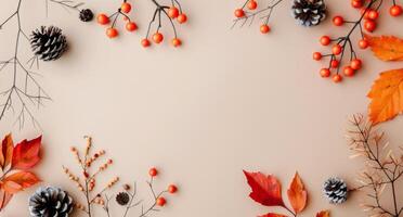 Autumnal Flatlay With Leaves and Pinecones photo