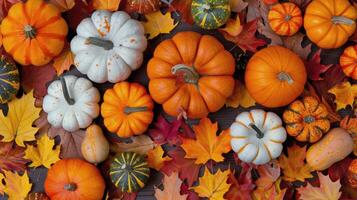 Colorful Fall Pumpkins and Leaves Displayed Together on a Dark Surface photo