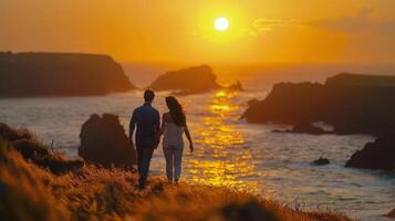 Couple Walking Hand-in-Hand on Sandy Beach at Sunset photo