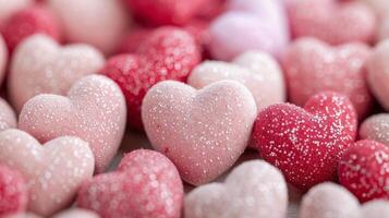 Colorful Sugar Hearts Spread Across a Surface With Soft Focus Background photo