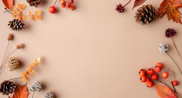 Autumnal Flatlay With Leaves and Pinecones photo