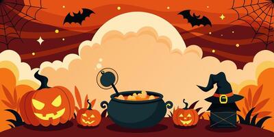 Halloween background with pumpkins, bats, cauldron, and witch vector