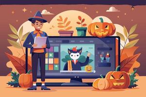 A man in a witch costume in front of a computer scree with a cat vector