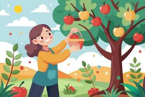 A woman is happily picking ripe apples from a tree in natures bounty vector