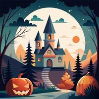A castle surrounded by trees in a forest with pumpkins in the foreground vector