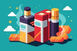 Bottles and boxes placed side by side against a blue backdrop vector