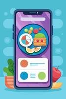 There is a cell phone displaying a plate of food on its screen vector