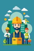 Construction workers in front of a building under construction vector