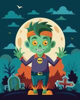 A cartoon of a boy turning into a zombie in a creepy graveyard vector