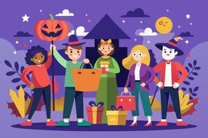 A group of individuals dressed in Halloween costumes, standing in unison vector