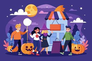 A group of people are gathered in front of a Halloween store vector