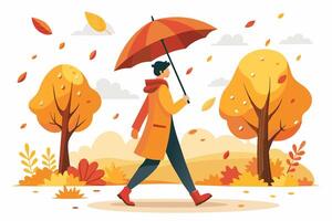A man is strolling in the rain sheltered by an umbrella vector